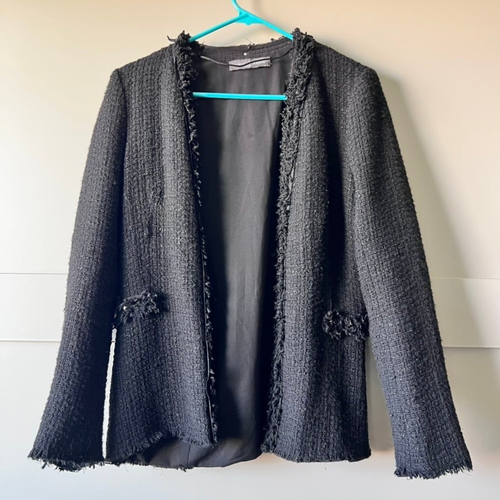 Sandro Ferrone Roma Blazer Women‎ Small Black Fringed Tweed Studded Open Jacket